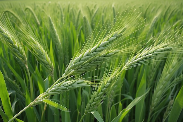 Green Wheat Head in Cultivated Agricultural Field Early Stage