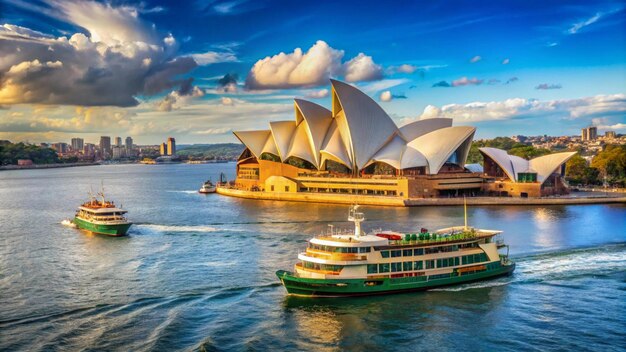 Photo a green and white boat in the water with a building in the background