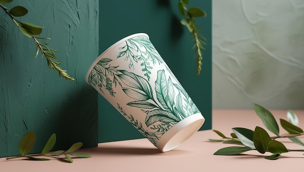 Photo a green and white cup with a leaf design on it