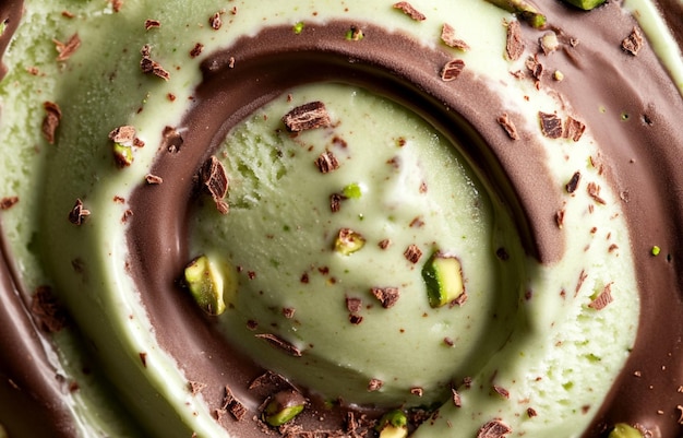 Photo a green and white doughnut with the inside of it is made by chocolate