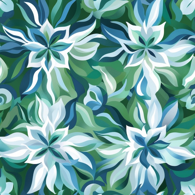 A green and white floral pattern with blue flowers