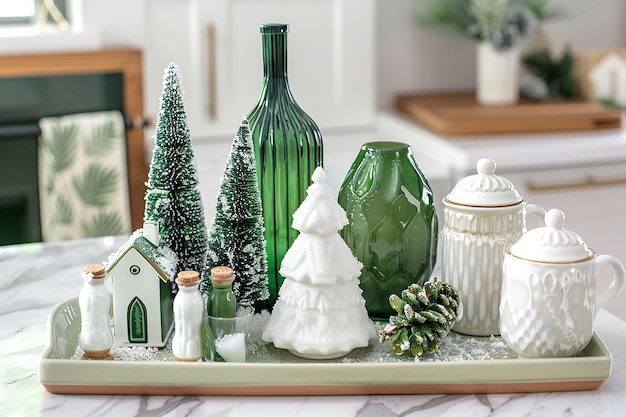 Green and white holiday decorations with a green vase and ornaments