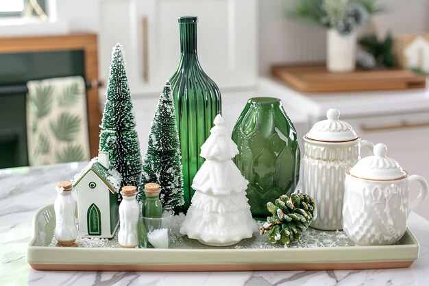 Photo green and white holiday decorations with a green vase and ornaments