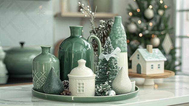 Green and white holiday decorations with a green vase and ornaments