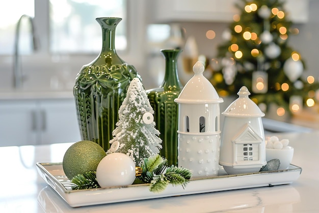 Green and white holiday decorations with a green vase and ornaments