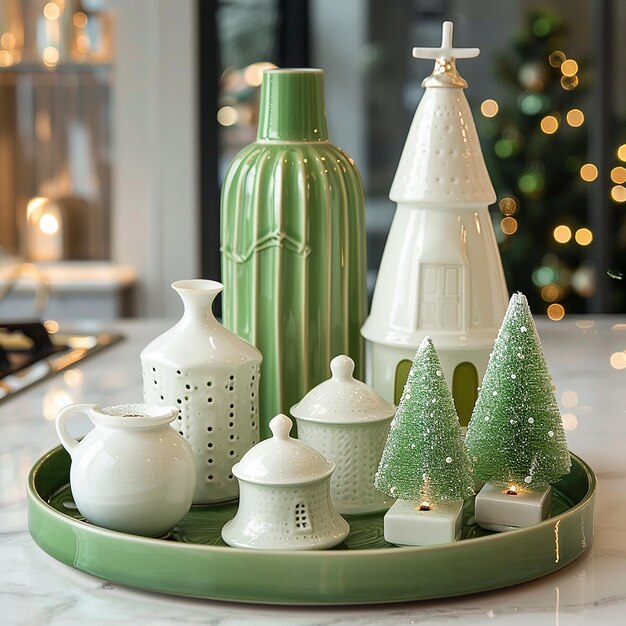 Photo green and white holiday decorations with a green vase and ornaments