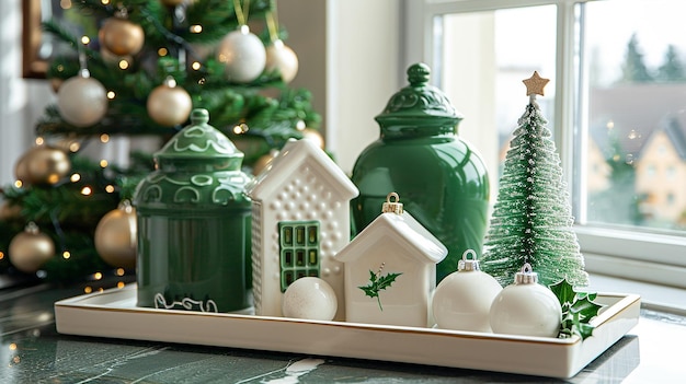 Green and white holiday decorations with a green vase and ornaments