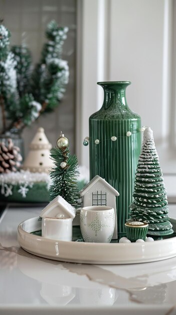 Green and white holiday decorations with a green vase and ornaments