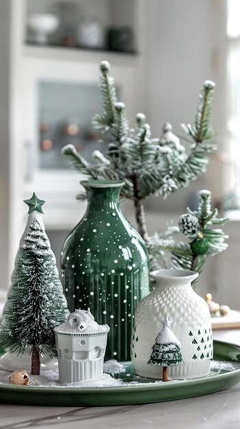 Photo green and white holiday decorations with a green vase and ornaments