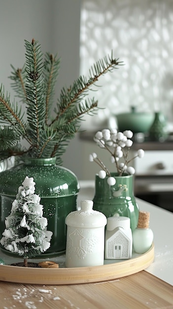 Green and white holiday decorations with a green vase and ornaments