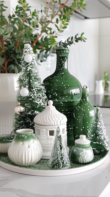 Photo green and white holiday decorations with a green vase and ornaments