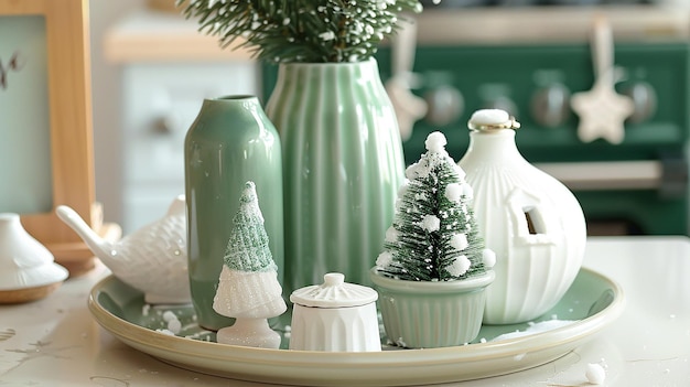 Green and white holiday decorations with a green vase and ornaments