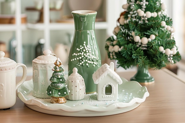 Photo green and white holiday decorations with a green vase and ornaments