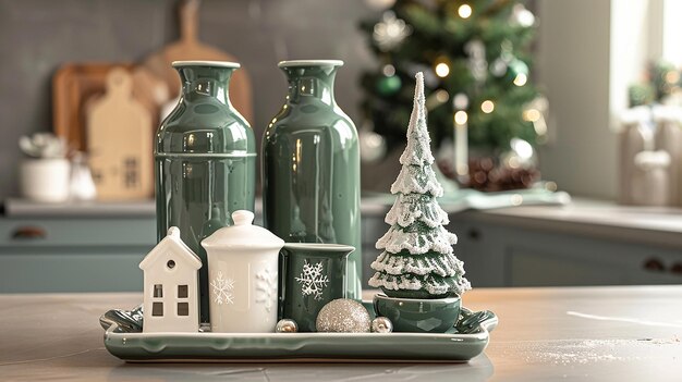 Green and white holiday decorations with a green vase and ornaments