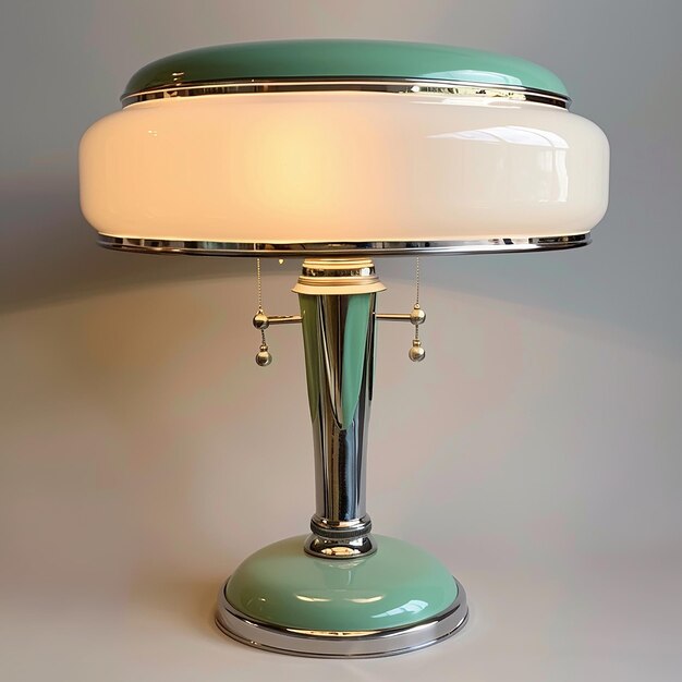 a green and white lamp with a white shade that says  the word  on it