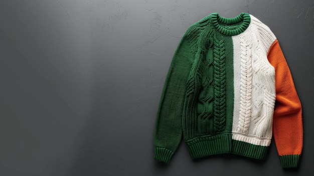 A green white and orange knit sweater laid flat against a grey backdrop