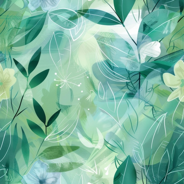 A green and white painting of leaves and flowers