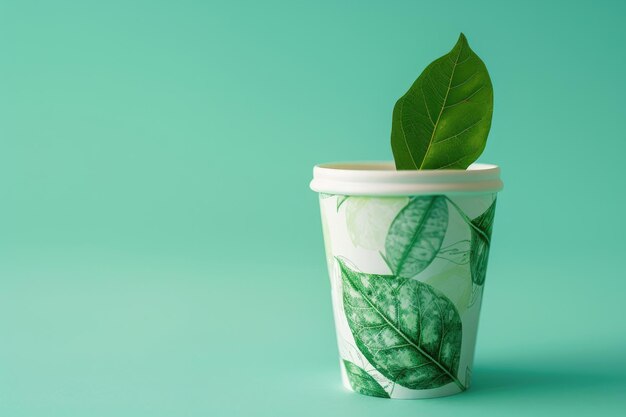 Photo a green and white paper cup with a leaf on it