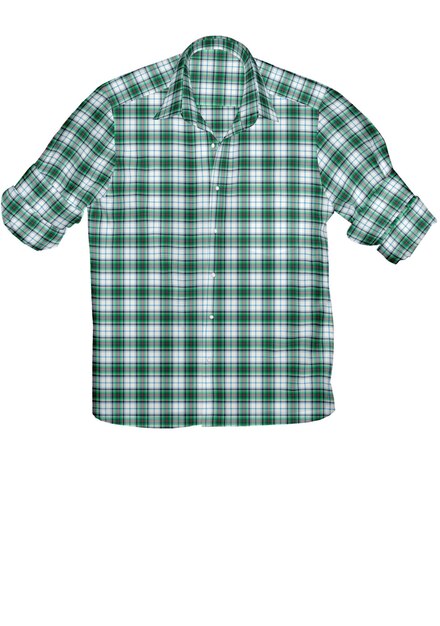 A green and white plaid shirt with a white background