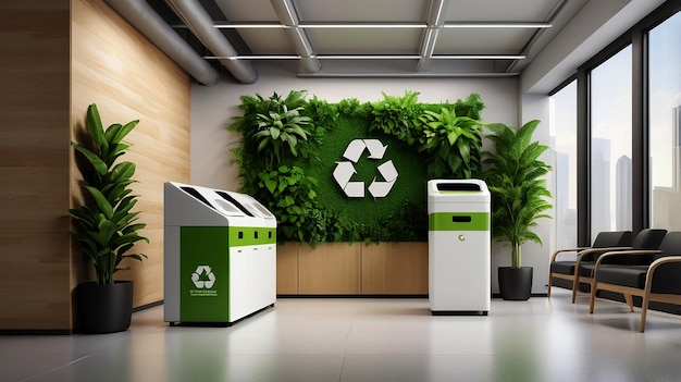 Photo a green and white recycling bin is in a room with a green plant behind it