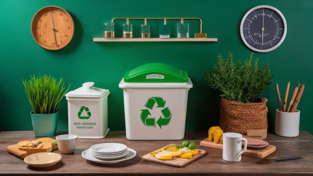 a green and white recycling bin with a green rectangle on the side