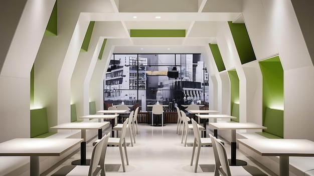 a green and white restaurant with a green wall and a picture of a building with a green background