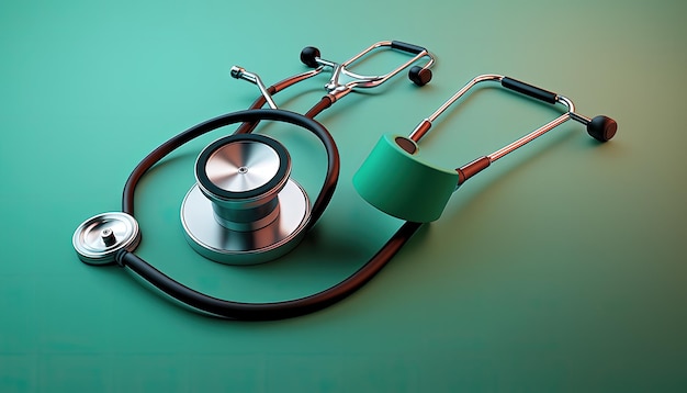 A green and white stethoscope sits on a green table.