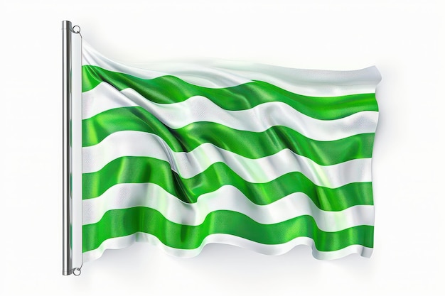 Green and white striped flag waving gently in the breeze prominently displayed on a silver pole against a neutral background