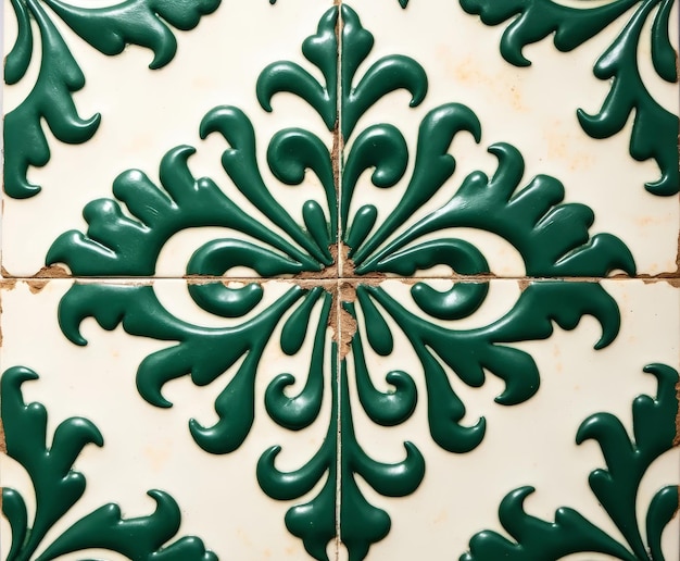 a green and white tile with a design that says the design