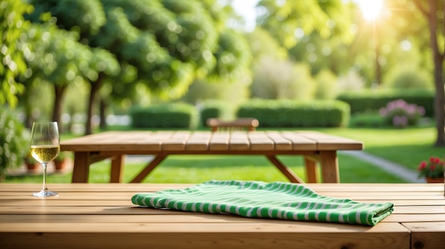 a green and white towel is on a wooden table