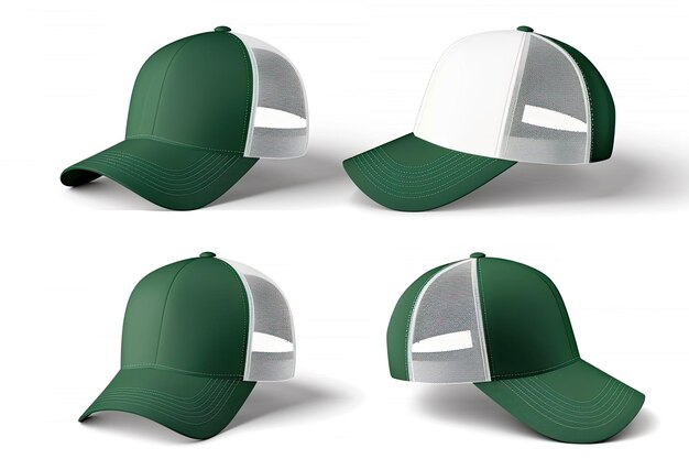 Photo green and white trucker cap hat mockup template collection various angle isolated cut out object