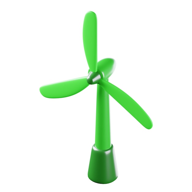 A green wind turbine with leaves blowing in the wind