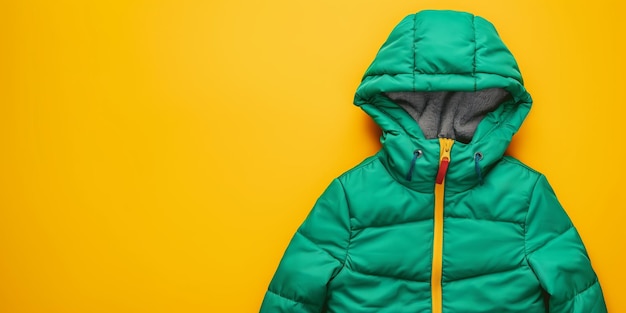 Photo green winter jacket with hood on bright yellow background cozy outerwear and fashionable seasonal clothing