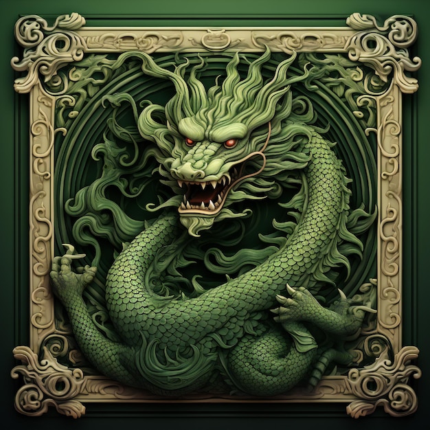 Green Wooden Dragon year border flat style on black background