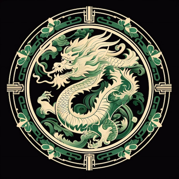 Green Wooden Dragon year border flat style on black background