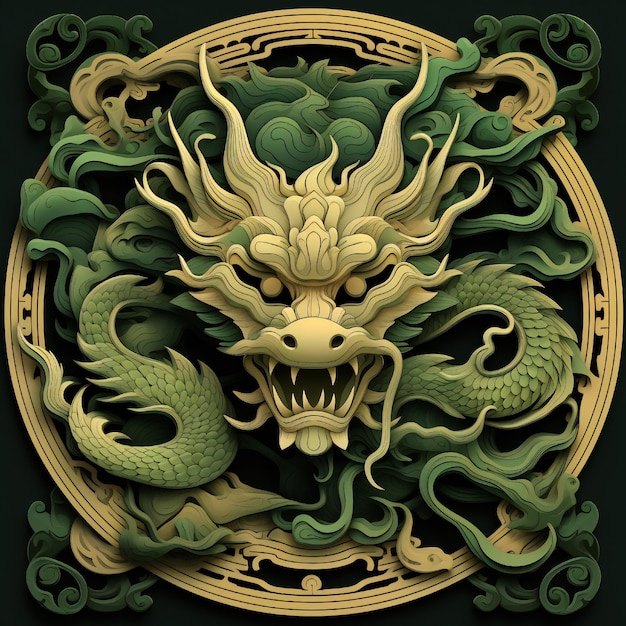 Green Wooden Dragon year border flat style on black background