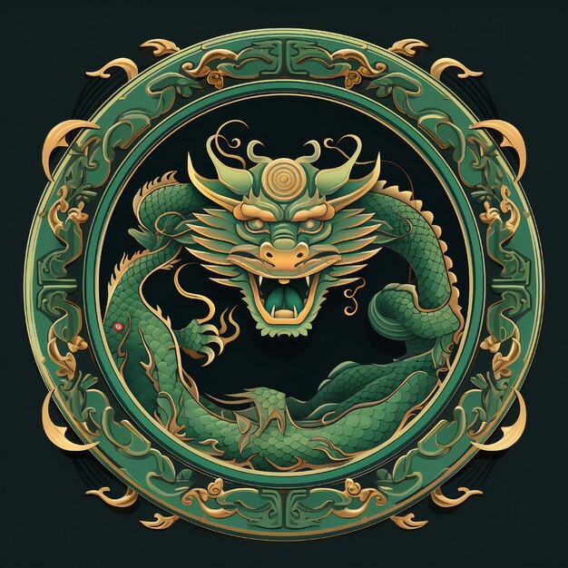 Green Wooden Dragon year border flat style on black background