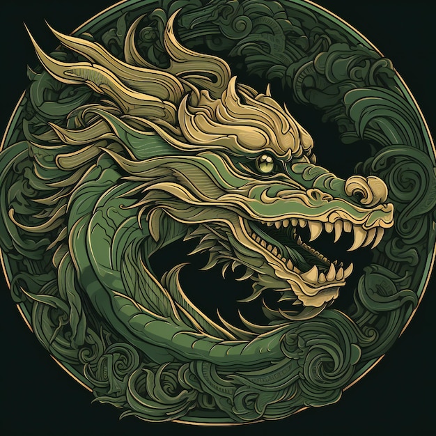 Green Wooden Dragon year border flat style on black background