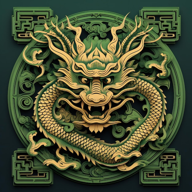 Green Wooden Dragon year border flat style on black background