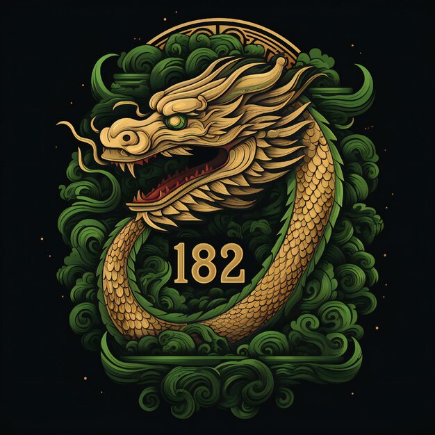 Green Wooden Dragon year border flat style on black background