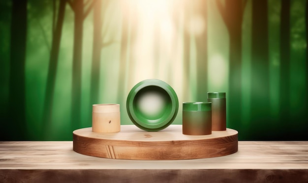 Green wooden object on a wooden table in front of a forest background