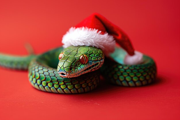 Green wooden snake wearing a Santa hat against a red background