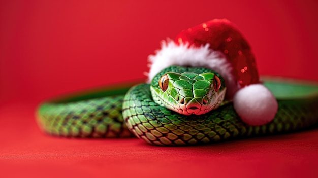 Green wooden snake wearing a Santa hat against a red background