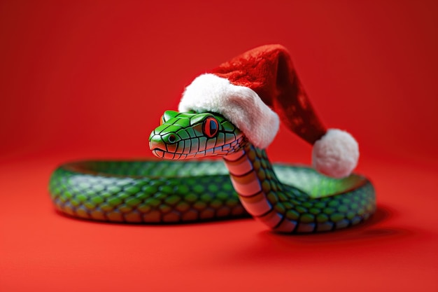 Green wooden snake wearing a Santa hat against a red background