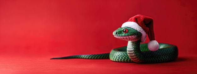 Green wooden snake wearing a Santa hat against a red background