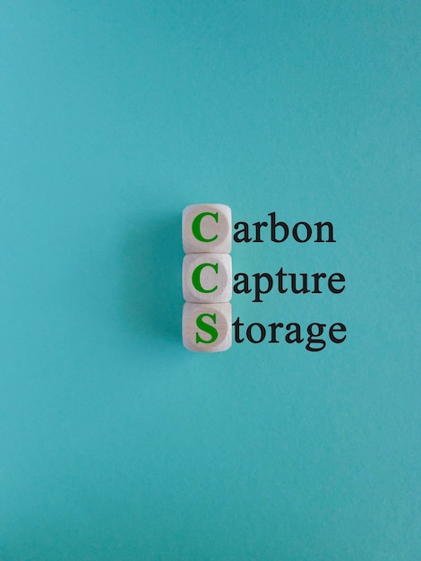 Green words Carbon Capture and Storage on wooden cubes on beautiful blue background