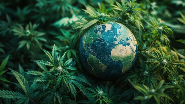 Green World Globe Surrounded by Lush Cannabis Leaves