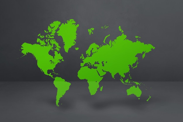 Green world map isolated on black concrete wall background 3D illustration