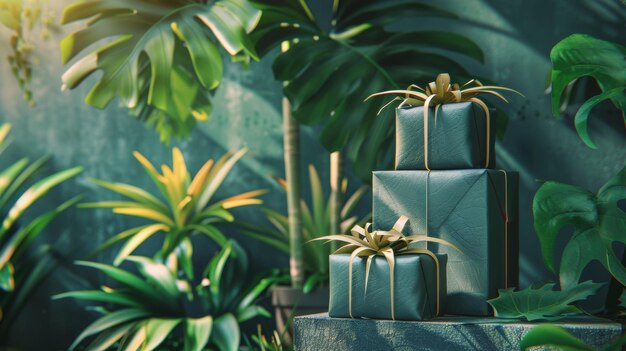 Photo green wrapped gifts with tropical plants in the background