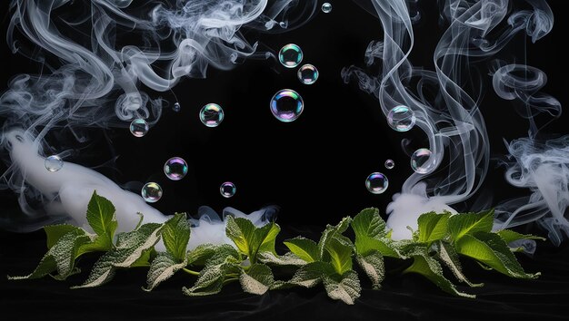 Photo a green wreath of soap bubbles with smoke coming out of it